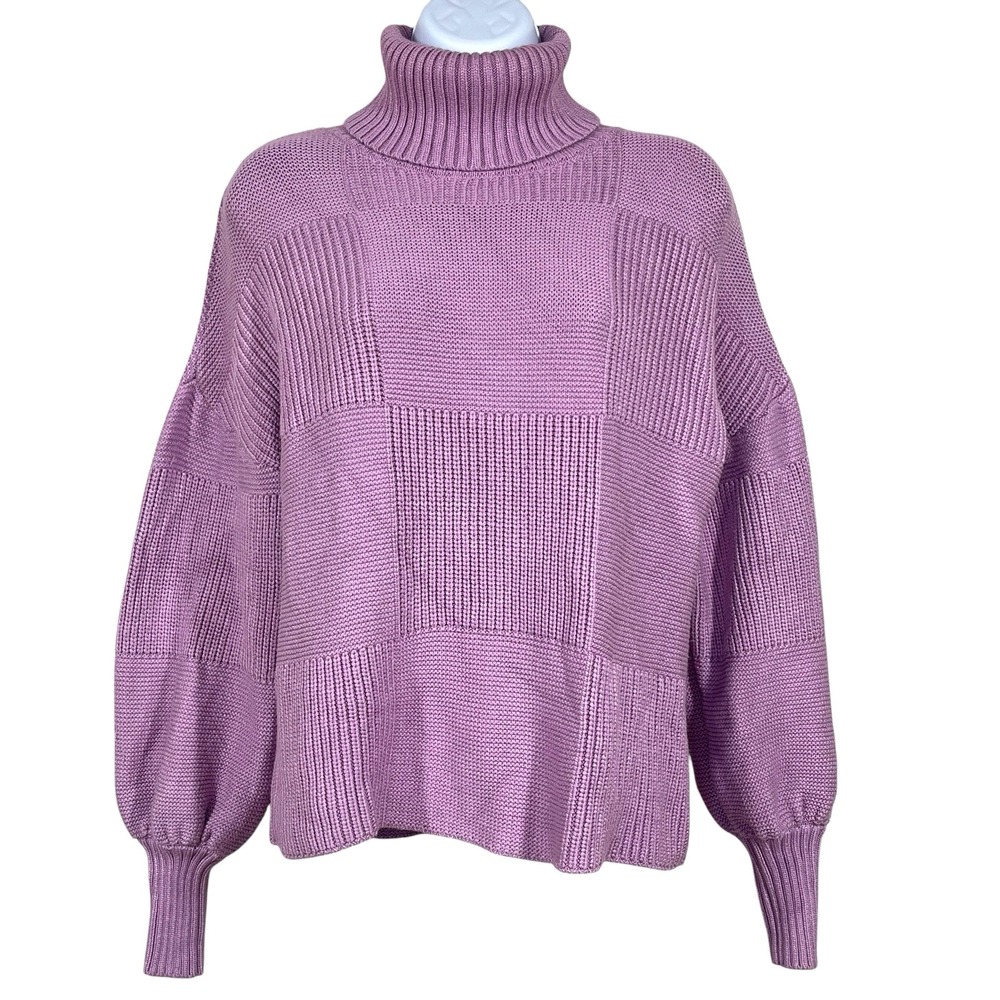 Staud Benny Check Turtleneck Sweater Womens XS Iris Pink Balloon Sleeve